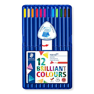 STAEDTLER Buntstifte ergo soft, erhöhte Bruchfestigkeit, dreikant, ABS-System, rutschfeste Soft-Oberfläche, 12 Buntstifte in sortierten Farben in der aufstellbaren STAEDTLER-Box, 157 SB12 im Sale